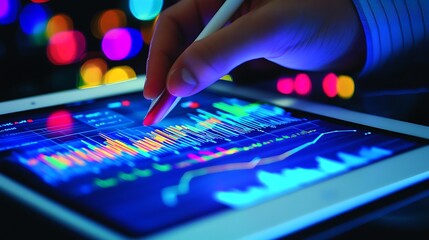 Wall Mural - Analyzing Financial Data on Digital Tablet, A hand using a stylus on a digital tablet displaying financial graphs and data