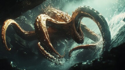 Wall Mural - Giant Brown Octopus in Dark Underwater Cave Dramatic Lighting