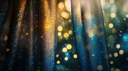 Abstract glittering blue and gold fabric texture background image art dark shiny light bokeh night