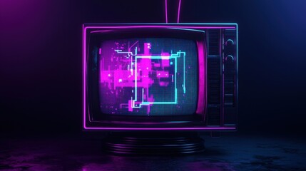 Poster - Retro-style television with neon colors, abstract digital display, vibrant glow, retro-futuristic aesthetic, technological background, modern art concept