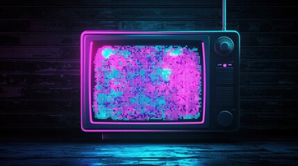 Poster - Retro television with glowing neon colors displaying an abstract pixelated screen in a dark room with wooden walls for a vibrant digital art concept