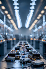 Poster - advanced electronics assembly line showcasing intricate designs in a well-lit manufacturing facility