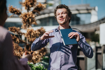 Wall Mural - A businessman passionately articulates his ideas during an outdoor meeting in a city setting, embodying enthusiasm and creativity. The urban backdrop highlights a dynamic professional atmosphere.