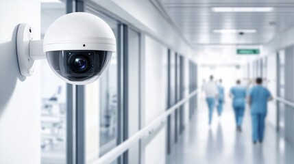 Wall Mural - Thief alert in a hospital with security cameras monitoring a busy hallway. Featuring security and care