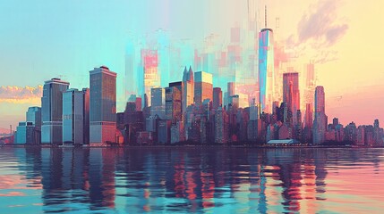 Fototapete - A beautiful glitch-art interpretation of a city skyline