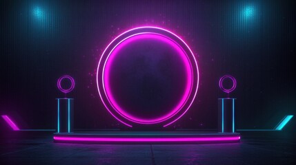 Poster - Futuristic neon stage design with glowing circles and colorful lights for presentations, exhibitions, and creative showcases in a modern setting