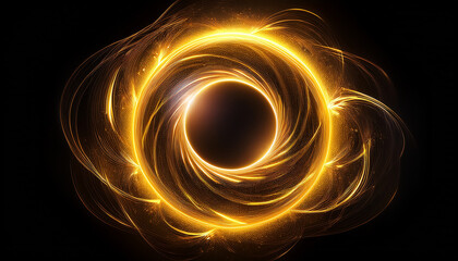 Wall Mural - abstract yellow lightning circle on dark backdrop. mysterious shape.