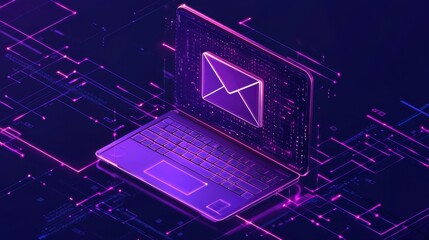 Poster - Futuristic Laptop with Email Symbol Surrounded by Digital Circuitry and Neon Glow in Purple and Blue Colors, Concept of Digital Communication and Technology