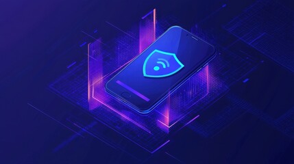 Poster - Abstract smartphone with security shield overlay, representing mobile security, technology protection, data safety in a digital environment