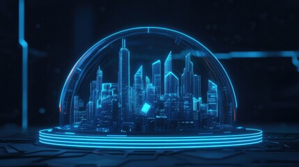 Poster - Futuristic cityscape within a glowing dome showcasing advanced technology and urban development in a cybernetic environment, vibrant neon aesthetics