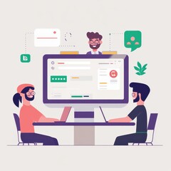 Poster - Two individuals collaborate on laptops while a third person engages remotely, showcasing digital communication and teamwork in a modern workspace.