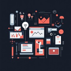 Poster - A modern, colorful illustration featuring various digital design elements, graphs, and icons, representing technology and data visualization.