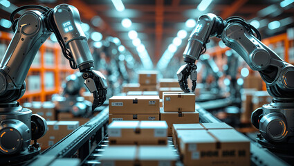 Poster - automation machines operate in a warehouse, organizing boxes efficiently during peak hours
