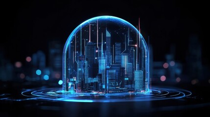 Poster - Futuristic city encapsulated in a digital dome, showcasing high-tech architecture and glowing data streams, emphasizing innovation and modernity