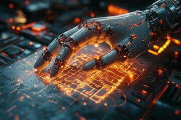 Poster - A sleek robotic hand reaches out to touch a glowing circuit board, illuminating intricate patterns in a dark, high-tech setting during dusk. Generative AI