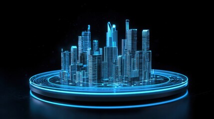 Poster - Futuristic urban skyline visualization with glowing buildings and holographic effects on a dark background, representing advanced city planning and technology