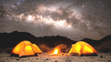 Two Illuminated Orange Tents Under a Starry Night Sky in a Desert Landscape