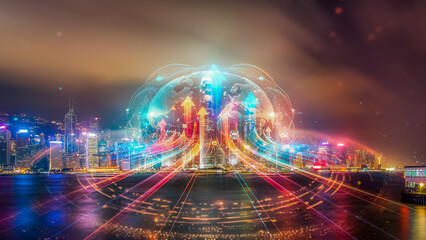 Aufkleber - Hong Kong night view with glowing arrows. A conceptual representation of business growth in a developing urban landscape.