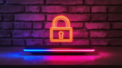 Wall Mural - a glowing neon padlock symbol against a textured brick wall background.