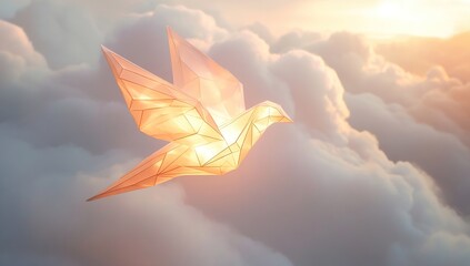 Poster - Geometric Bird Soars Through Sunset Clouds: A Symbol of Hope and Peace in the Sky, Illuminated by Golden Light