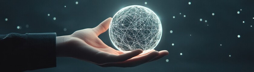 Wall Mural - a hand holding a glowing digital sphere symbolizing innovation and connection.