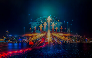 Aufkleber - Hong Kong's vibrant night skyline merges with digital arrows, symbolizing business growth and a forward-moving concept.  A visual metaphor for growing up in a globalized world.