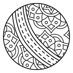 Poster - Geometric Road Mandala: A captivating road mandala featuring a central curved road element, surrounded by intricate geometric patterns in black and white