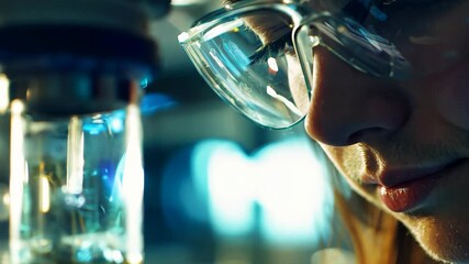 Poster - Researcher examines liquid sample with microscope in laboratory setting during a scientific study, researcher is looking at the liquid in the laboratory tube