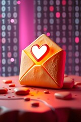 Poster - A glowing envelope with a white heart, amidst digital binary code and scattered elements, symbolizes a love message in a digital world