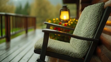 Canvas Print - Cozy rocking chair on a wooden porch surrounded by flowers and a lantern in a serene setting