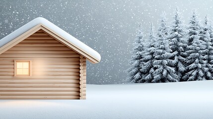 Wall Mural - Cozy wooden cabin in a snowy landscape, surrounded by tall evergreen trees under falling snowflakes