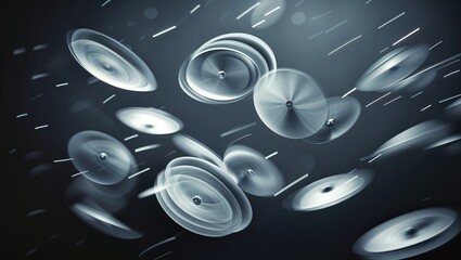 Poster - dynamic spinning discs move through the air in an abstract artistic representation of motion and ene