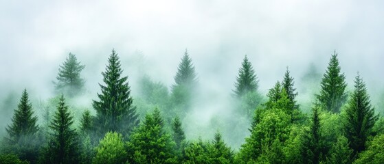 Wall Mural - Foggy Forest Landscape with Evergreen Trees