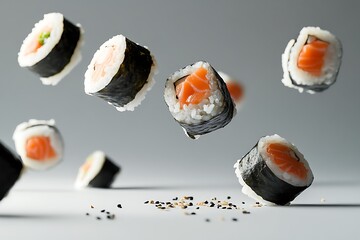 Wall Mural - Floating Sushi Rolls - A Culinary Delight