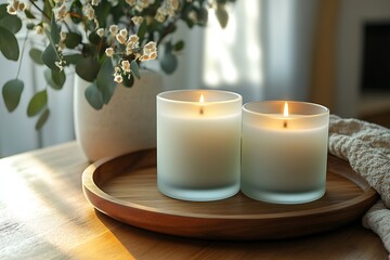 Wall Mural - Two Elegant Candles on Wooden Tray