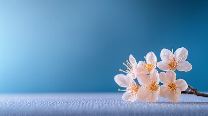 Wall Mural - Delicate cherry blossom branch resting on a textured surface with a soft blue background