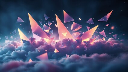 Poster - abstract digital art depicting vibrant shards bursting through clouds in a cosmic scene at dusk