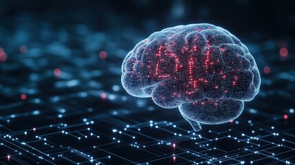 Poster - Futuristic Brain Implant Visualization with Neon Accents and Digital Grid Background