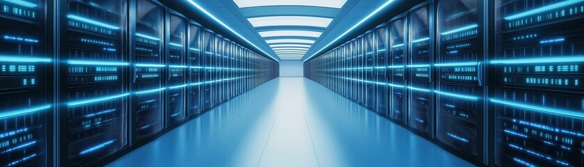 Poster - Futuristic Server Room with Glowing Blue Lights and Sleek Modern Technology