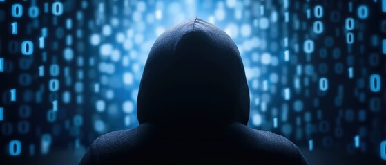 Poster - Mysterious Hooded Figure in Shadows Typing on Keyboard Surrounded by Binary Code