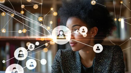 Poster - Network of connections illustrated above a young biracial woman in a library setting during daytime, network of connections with icons over biracial businessman having video call