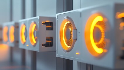 Poster - Futuristic Server Racks Illuminate with Bright Orange Glowing Lights: Advanced Technology Showcase