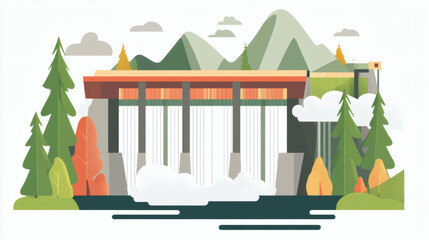 Poster - A stylized illustration of a dam surrounded by mountains, trees, and clouds, showcasing a waterfall cascading into a serene body of water