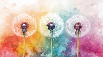 Poster - A vibrant illustration of dandelions against a colorful, abstract background, showcasing nature's beauty and artistic expression