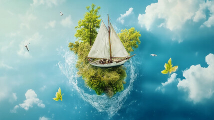 Poster - A serene sailing scene featuring a boat on a small island surrounded by water, lush greenery, and bright blue skies with fluffy clouds
