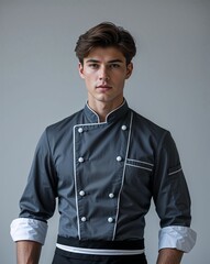 Wall Mural - A young male chef in a formal uniform at a fine dining restaurant on a plain background