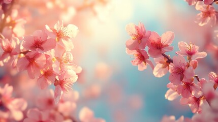 Poster - Delicate cherry blossoms burst into bloom, their soft pink petals shimmering in gentle sunlight. Nature awakens, inviting feelings of renewal and tranquility in springtime