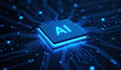 © นิพนธ์ บุญโปร่ง - glowing AI chip is centered on circuit board, symbolizing advanced technology and innovation. blue lighting highlights intricate connections, representing future of artificial intelligence
