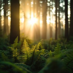 Wall Mural - Sun rays illuminating ferns in a forest