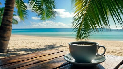 Wall Mural - Enjoying coffee by the beach with palm trees under a bright sunny sky, Coffee cup on a wooden table by the beach under palm trees Tranquil tropical concept
